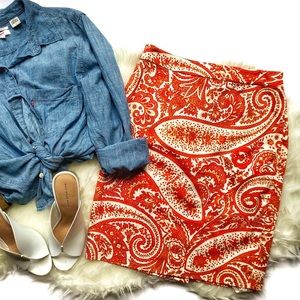 J CREW ORANGE PAISLEY PENCIL SKIRT
